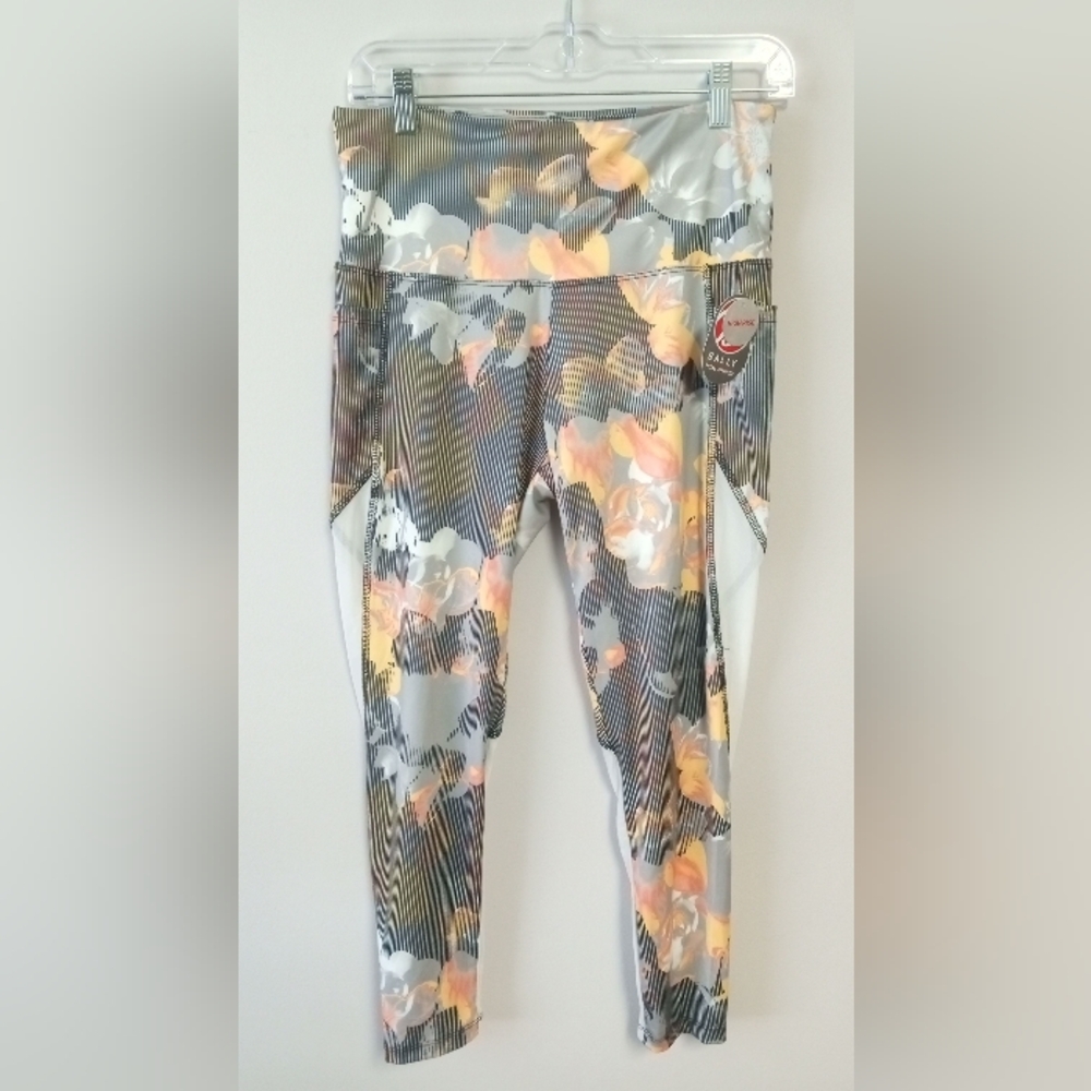 Bally Total Fitness Black And Floral High Waist Platform Leggings Size Large